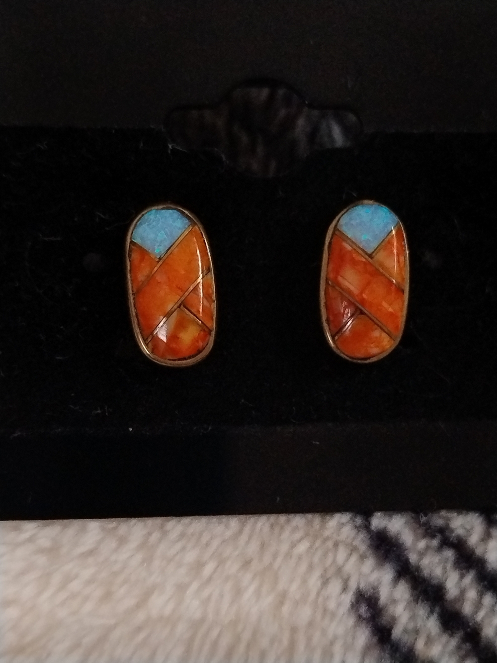 Orange and Turquoise Inlaid Stone Stud Earrings